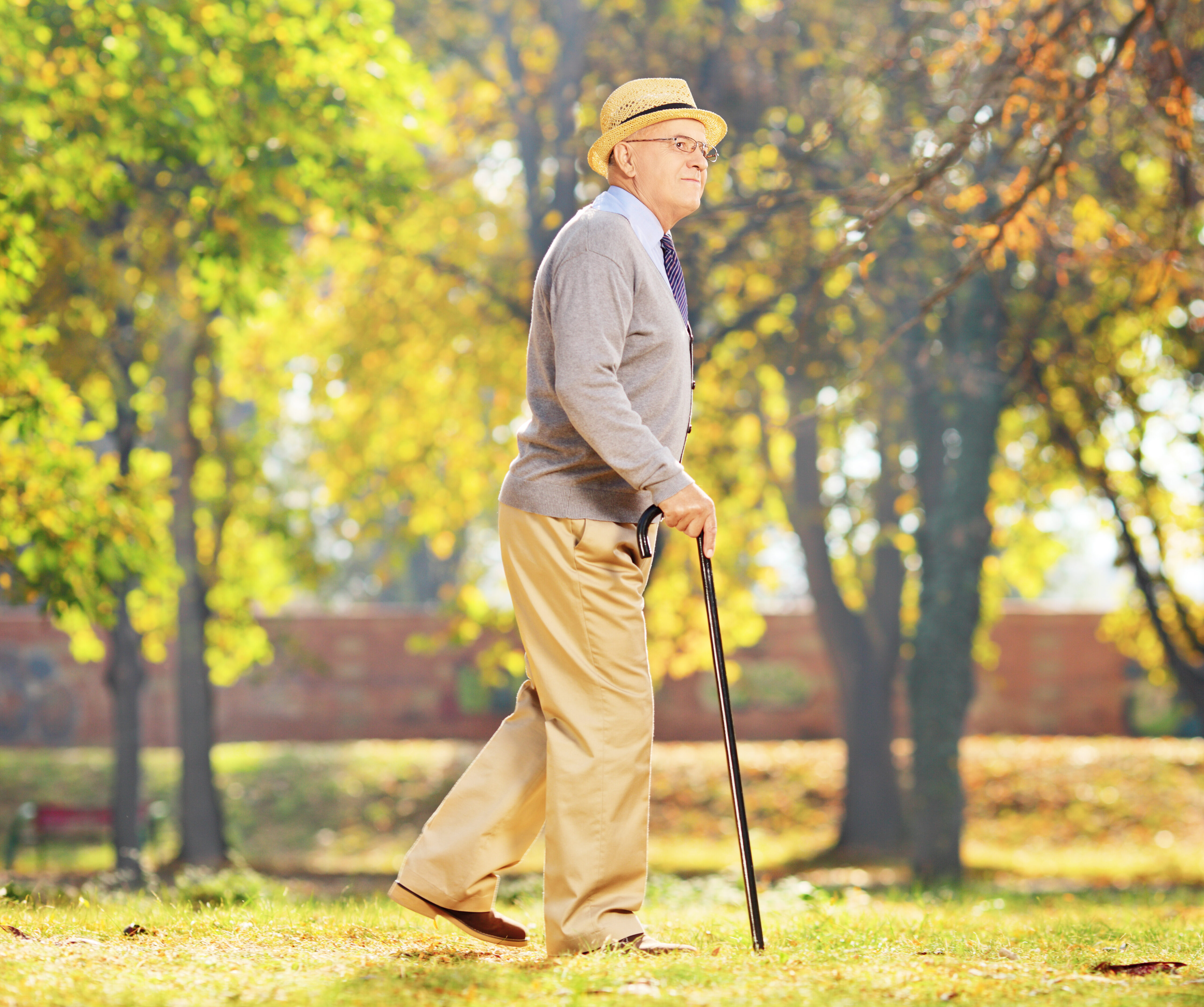Senior walking with a cane in a park